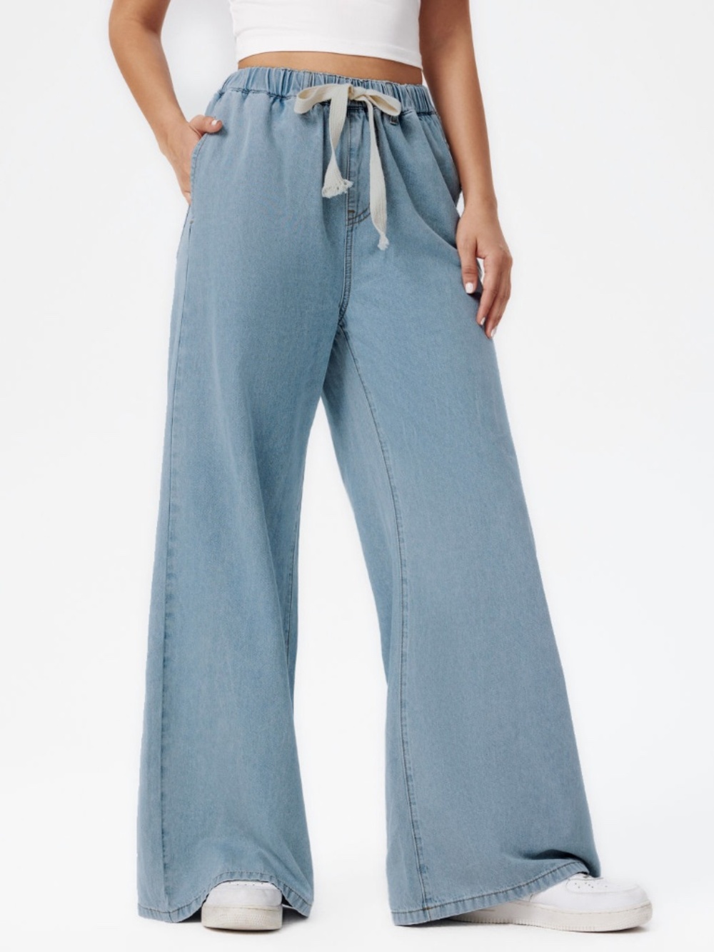 CIDER - Leslie High Waist Tie Front Wide Leg Lightweight Denim Trouser Pant - 3X